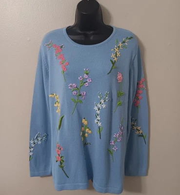 Vintage Quacker Factory Womens Medium Sweater Blue Multicolor Embroidered Floral - Image 1 of 4