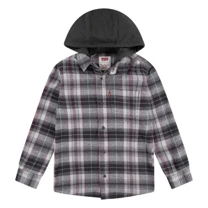 New Levi's Big Boys Hooded Long Sleeve Flannel Shirt Black/Gray M (10/12) - Picture 1 of 8