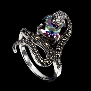 925 Sterling Silver Ring Round Simulated Cz Marcasite Cobra Gemstone Jewelry 7 - Picture 1 of 14