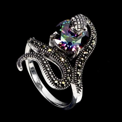 925 Sterling Silver Ring Round Simulated Cz Marcasite Cobra Gemstone Jewelry 7 - Image 1 of 4