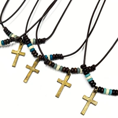 Кожаные ожерелья с костяными бусинами и крестом подвеска - упаковка 6 шт. - Изображение 1 из 4