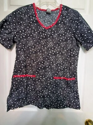 Barco Scrub Top size S-Black/Red Polka-Dot Print-Chest 20.5"/L 27.5" - Image 1 of 4