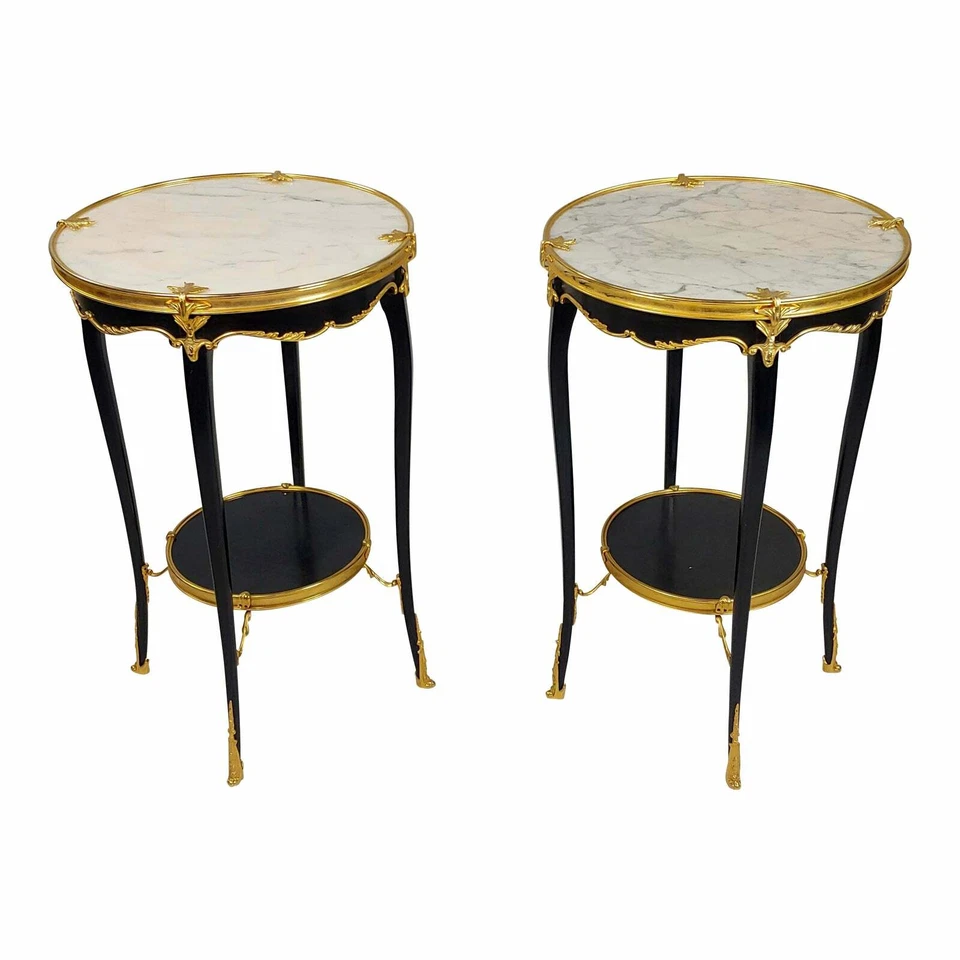 French Louis XV Style Ebonized Round Side Tables - A Pair  - Image 1 of 4