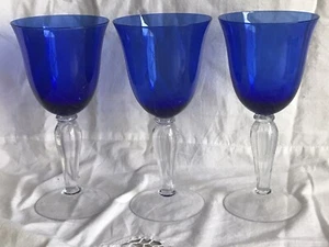Cobalt Blue With Clear Stem Wine Water Goblets Glasses ( 3 ) 8 oz Handblown  M37 - Picture 1 of 11