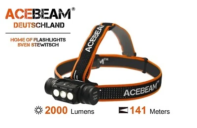 Kopflampe AceBeam H50 2.0 mit 2.000 Lumen und 141 Metern.