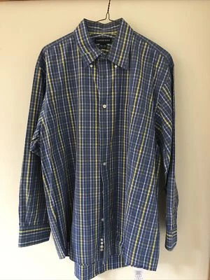 Lands End Blue Yellow Checked Plaid Button Up Oxford Dress Shirt 16.5-32 50" - Image 1 of 4