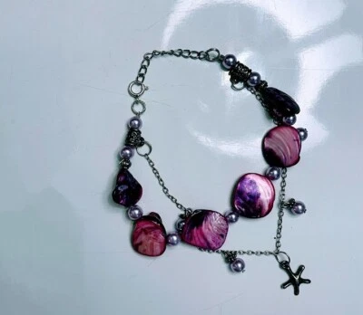 Purple shell bracelet starfish charm XL 9 in Summer Beach Seashell hand made - Image 1 of 4