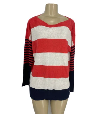 Lauren Hansen Small Women Pullover Linen Sweater Striped￼ Long Sleeve Light #G - Image 1 of 4
