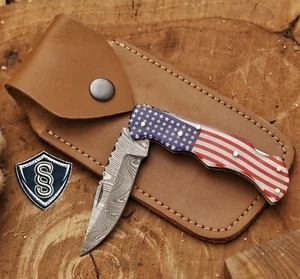 Custom Handemade Damascus Steel Pocket Folding Knife with Sheath - Picture 1 of 6