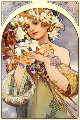 PÓSTER REPRO FLORES NIÑA MODA PRIMAVERA ART NOUVEAU POR ALPHONSE MUCHA DE COLECCIÓN Foto 1 de 3