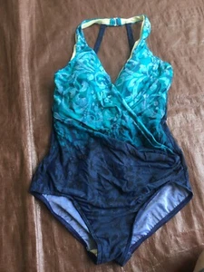 ECU MIRACLESUIT Bathing Suit Size 8 Navy Blue Teal Wrap Top 1 Piece Thin Straps - Picture 1 of 8
