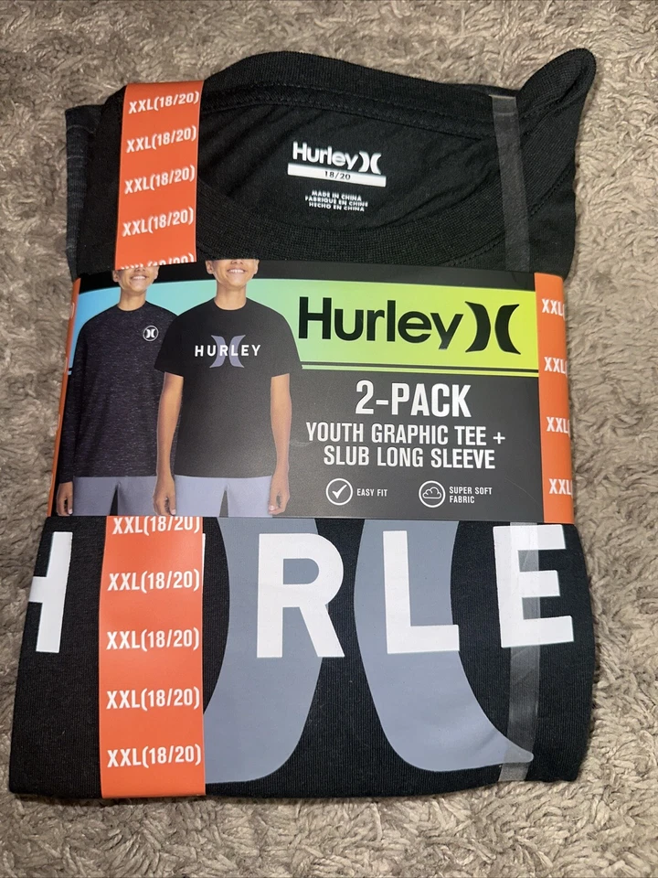 Hurley 2 Pack Boys Graphic Tee & Slub Long Sleeve Tee Size XXL 18/20 Black