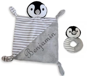 Baby Cuddly Cloth Grey Penguin Named Embroidered Rattle Birth Gift Baptism - Picture 1 of 4