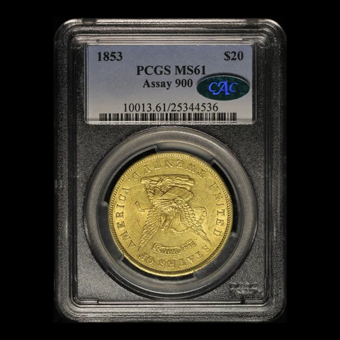 1853 $20 Assay Office Gold Piece CAC and PCGS MS61 - Free Shipping USA Cover