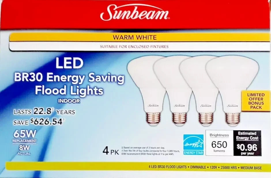 Sunbeam 4-PACK LED BR30 Flood light Bulbs  8 Watt  65 W Replacement NEW BULK DIS - Image 1 of 1