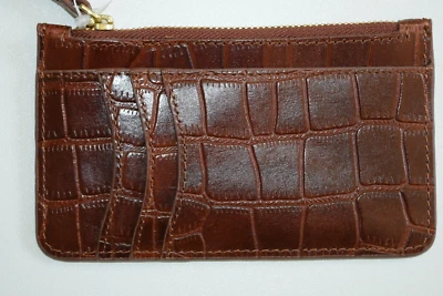 NEW J. Crew Faux Croc Leather Brown Flat Wallet w C.Card Slots, Zippered Change - Image 1 of 4