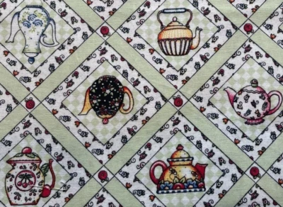 1/2 Yd Mary Engelbreit Quilt Fabric Green Teapot Cup of Kindness Tea Pot Squares - Image 1 of 2