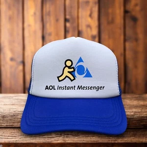 Cappello da camionista AOL Instant Messenger da uomo giallo snapback retrò anni '90 berretto a sfera con logo - Foto 1 di 5