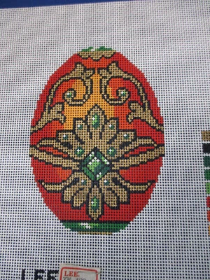 Lona Lee pintada a mano punta de aguja Fabergé huevo naranja con verde esmeralda Foto 1 de 2