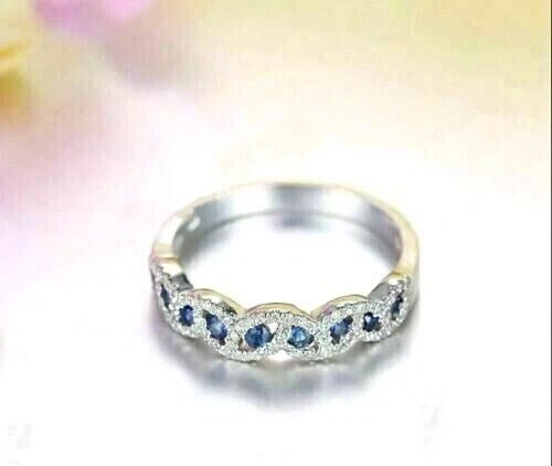 14K 镀白金 2.00 克拉圆形切割实验室制作蓝宝石结婚戒指 — 第 1/1 张图片