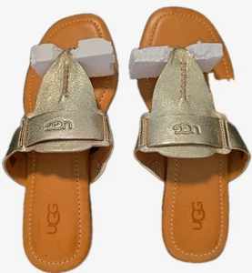 Sandalias UGG Gaila Mujer 6.5 Metálicas Tono Dorado Sin Cordones Correa en T Perfil Cuero  - Imagen 1 de 16