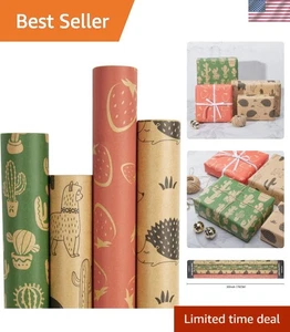 Charming 4-Pack Kraft Wrapping Paper Rolls - Animal Prints for Every Occasion - Picture 1 of 9