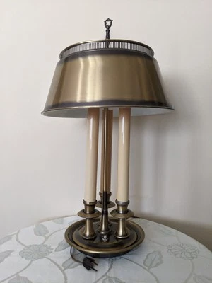 VTG French Bouillotte Table Lamp Brass Tole Metal Shade 3 Way Electric Candle  - Image 1 of 4