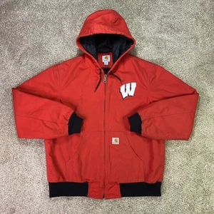 Wisconsin Badgers Carhartt Jacket Mens M Red Zip Duck Canvas Quilt Lined Hooded - Picture 1 of 24