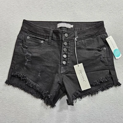 Pantalones Cortos de Jeans Just USA Corte Para Mujer 26 Negros Botón Mosca Tiro Medio Elastizados Deshilachados Foto 1 de 4