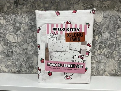 Hello Kitty XL Twin Sheet Set 3 Piece Pink Hearts 100% Cotton By Sanrio - Image 1 of 4