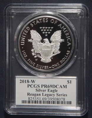 Lote 141052 2018-W Proof American Eagle plata graduación profesional cámara Pr69D Reagan Legacy Foto 1 de 3