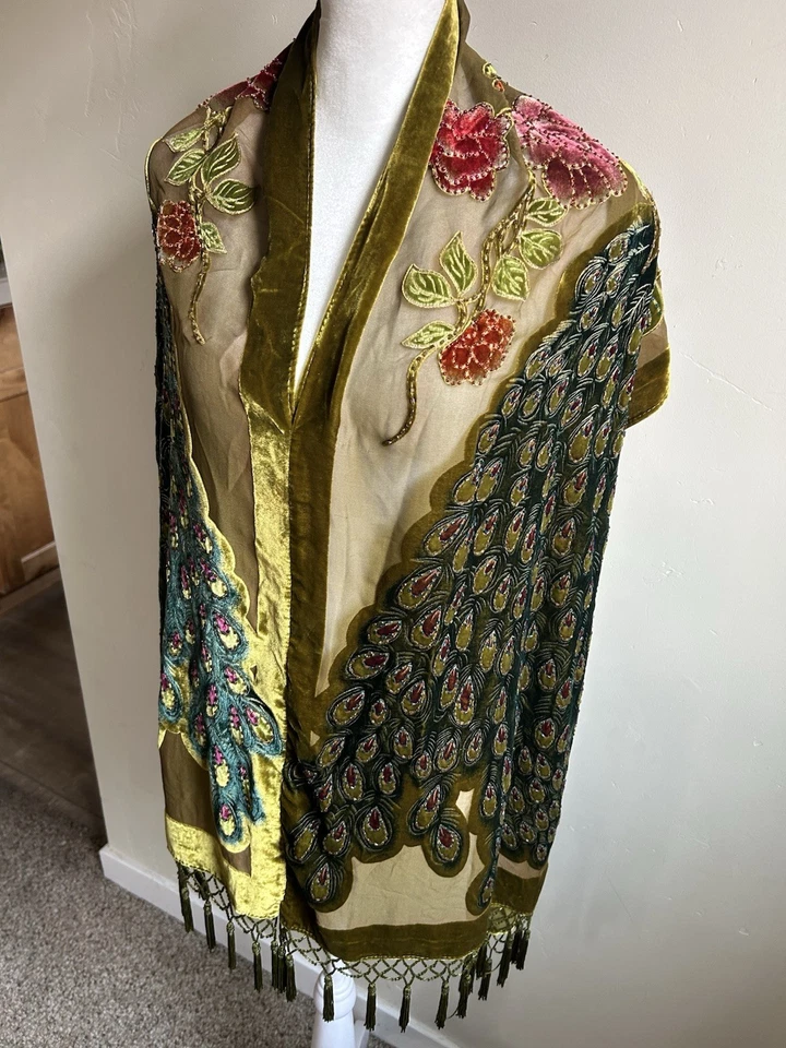 Poncho Rogue Designers Terciopelo Seda Burnout Chal TOP Borlas Cuentas Transparente EE. UU. Foto 1 de 4