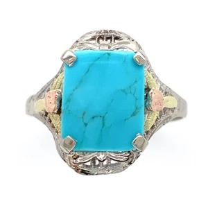 10k Gold Genuine Natural Turquoise Ring w/ Rose and Green Gold Flowers (#J6565) - Picture 1 of 11
