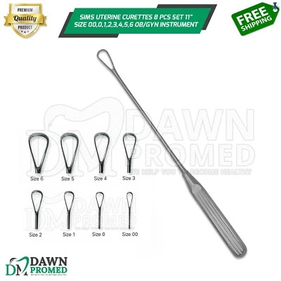 DAWNPROMED Sims Uterine Curettes 8 Pcs Set 11" Sharp Blade 00,0,1,2,3,4,5,6 Inst German Gr