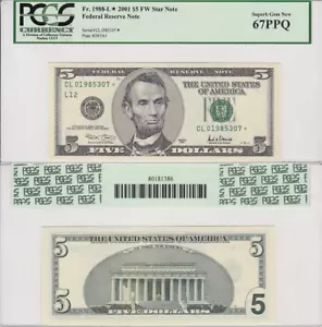2001 $5 San Francisco District Star Federal Reserve Note FR 1988-L* PCGS 67PPQ - Picture 1 of 1
