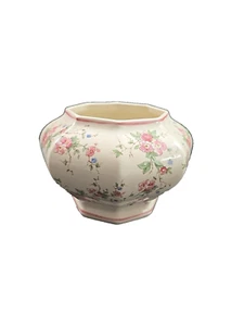 Inarco Import Portugal Footed Porcelain Octagon Vase Planter Pot Mini Pink Roses - Picture 1 of 10