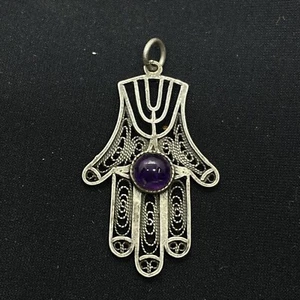 JEWISH SILVER + Amethyst 925 FILIGREE Pendant Hamsa -MENORAH Kabbalah Israel - Picture 1 of 3