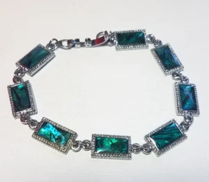 Vintage Silver Tone  Abalone Shell Rectangular Shaped Link Bracelet Stamped SJ - Imagen 1 de 8