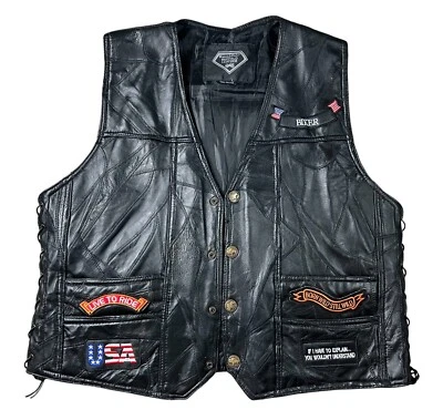 Chaleco de motociclista de cuero de búfalo con diseño de roca con placa de diamante con parches XL Foto 1 de 4