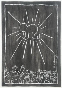 Keith Haring (Handmade) Drawing On old Paper Signed & Stamped, Vtg Art - Picture 1 of 4