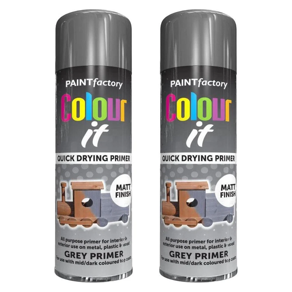 2X Grey Primer Spray Paint Aerosol Auto Car Wood Metal 250ml - Image 1 of 1