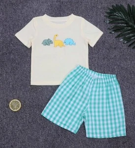 NEW Boutique Dinosaur Embroidered Boys Shorts Outfit Set - Picture 1 of 11