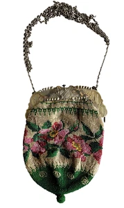 Vintage Victorian Micro-Beaded Floral Purse with Ornate Silver Frame - Picture 1 of 6