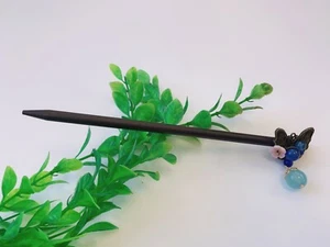 Handmade wood hair stick butterfly, genuine stone and shell flower, 7" - Picture 1 of 4