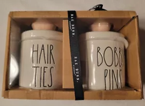 Rae Dunn Magenta HAIR TIES BOBBY PINS Ceramic Set Off-White w Pink Flower Knob - Picture 1 of 4