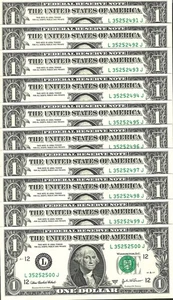 10 Consecutive 2003A $1 LJ Block Federal Reserve Notes - Gem Crisp Uncirculated - Picture 1 of 2