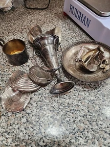 278 Grams Scrap Sterling Silver weight removed items and a cup...  all clean - Picture 1 of 11