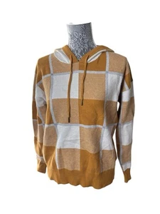Giacca maglione Rachel Roy casual con cappuccio senape a quadri comfort pesante taglia S - Foto 1 di 4