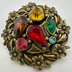 Broche racimo flores flores pedrería multicolor tono dorado vintage años 50 - Imagen 1 de 7