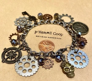 Charm Bracelet Steampunk Gears Mixed Media Altered Art Artisan 7.5-8” USA 2014 - Picture 1 of 5